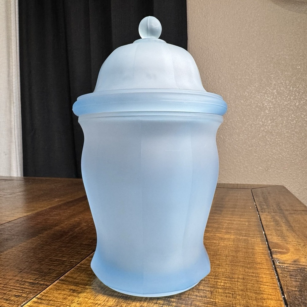 Vintage Indiana Glass Blue Satin Frosted Panel Apothecary Ginger Jar w/ Lid